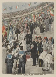 Die großartige Demonstration zu Ehren des Königs von Italien nach den Spielen im Stadion von Athen