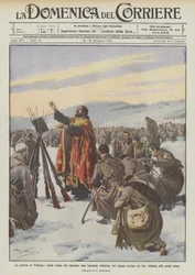 Der Krieg in Polen, russischer Priester, der während einer religiösen Zeremonie auf dem Feld Gott anruft