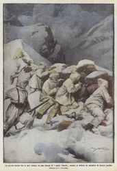 Unser Krieg im ewigen Schnee, in einem Graben mit weißen Kitteln während sich...