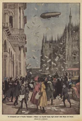 Die Propaganda für den Nationalen Kredit in Mailand, ein Luftschiff wirft bunte Blätter über den Domplatz