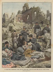 Königin Elena, bescheiden gekleidet, pflegt mit großer Barmherzigkeit die Verletzten auf den Trümmern der einst reichen Stadt