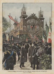 Die Ankunft der Souveräne und Behörden auf dem Exerzierplatz zur Einweihung des anderen Teils der Ausstellung