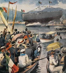 Stapellauf des Schlachtschiffs Andrea Doria aus dem Arsenale in La Spezia, Tafel von Achille Beltrame (1871-1945), La Domenica del Corriere, 6. April