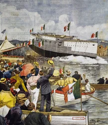 Stapellauf des Schlachtschiffs Regina Margherita in La Spezia, Tafel von Achille Beltrame, La Domenica del Corriere, 9. Juni