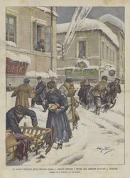 Die großen Schneefälle in Kleinrussland, die Soldaten bringen Lebensmittel zu den in Charkow eingeschlossenen Bewohnern