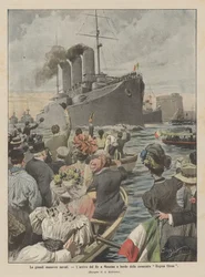 Die großen Marine-Manöver, die Ankunft des Königs in Messina an Bord des Schlachtschiffs Regina Elena