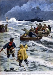 Der Untergang des Dampfschiffs Planier in der Nähe der Mündung der Rhône: Die Rettung bringt die Passagiere zurück (Illustration von Beltrame, La Domenica del Corriere, 1901)