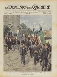 Die piemontesischen Arbeitergesellschaften marschieren vor dem König im Park des Schlosses von Racconigi