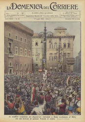 Die Radkuriere des Dopolavoro in Rom jubeln dem Duce zu, der vom Balkon...