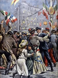 Die Herrscher Italiens in Paris: Volksfeste auf den Straßen (Illustration von Beltrame, La Domenica del Corriere, 1903)