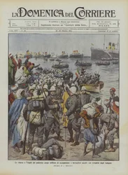 Die Landung in Tripolis des mächtigen Besatzungskorps, die Bersaglieri werden von den Einheimischen freundlich empfangen