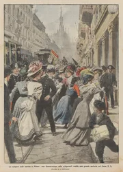 Der Streik der Näherinnen in Mailand, eine Demonstration der Streikenden gegen eine große Schneiderei am Corso V E