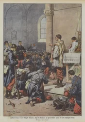 Die letzte Messe in einem französischen Dorf, nach der Zeremonie spricht ein Priester-Soldat zu seinen Kameraden