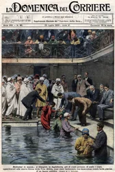 Massen-Taufen: In Glasgow, Schottland, wurden mehr als hundert Menschen, Mitglieder der neuen True Bible Church, im städtischen Schwimmbad getauft. Illustration von Beltrame. La Domenica del Corriere. 22/07/1928.
