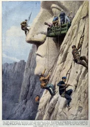 Männer klettern auf einem Granitfelsen und Bildhauer bei der Arbeit, für den Bau des Denkmals der amerikanischen Präsidenten von Mount Black Hills - Zeichnung von A. Beltrame, in „La Domenica del Corriere“