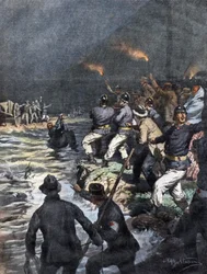 Wunderbare Rettung von Fuhrleuten, die auf einer Insel im Fluss Serio bei Bergamo blockiert waren - Illustration von Beltrame in „La Domenica del Corriere“ 10/1909