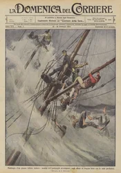 Schiffbruch eines großen deutschen Segelschiffs, Besatzungsmitglieder klettern in tragischer Lage auf die Masten