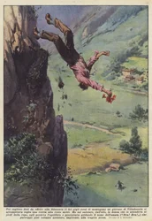 Um Blumen für die Verlobte zu pflücken (die schönen roten Lilien der Berge), ein junger Mann