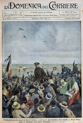 Porto Natal: die triumphale Ankunft italienischer Flieger unter der Leitung von Minister Italo Balbo nach der Atlantiküberquerung - Zeichnung von A. Beltrame in „la Domenica del Corriere“ vom 25.01.1931