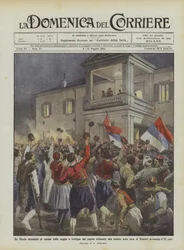 König Nikolaus wird vom begeisterten Volk auf den Balkon des Palastes in Cetinje gerufen, als die Nachricht von der Kapitulation eintrifft