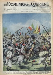 Freudenszene in Addis Abeba, Äthiopien, Rückkehr von Ras Hailou von großen Polizeieinsätzen. Parade zu Ehren des Duce (Benito Mussolini) und des Königs von Äthiopien. Illustration von Achille Beltrame in 
