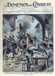 Zweiter Balkankrieg (1913) zwischen Bulgarien und Griechenland und der Türkei: Bulgarische Soldaten setzen Nigrita in Griechenland in Brand und zerstören es. La Domenica del Corriere. 07/1913. Illustration von Beltrame.