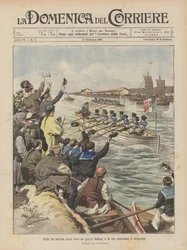 Herausforderung zwischen Matrosen eines italienischen und eines amerikanischen Kriegsschiffs in Shanghai