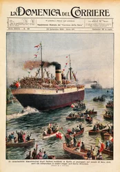 Schiffe transportieren italienische Truppen nach Ostafrika über den Suezkanal, Illustration aus La Domenica del Corriere, 20. Oktober