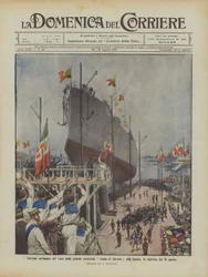 Feierliche Zeremonie des Stapellaufs des großen Schlachtschiffs Conte di Cavour in La Spezia am Morgen des 10. August