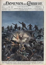 Spanischer Bürgerkrieg: Eine Division italienischer Freiwilliger flieht vor der spanischen republikanischen Armee in der Region Mérida, Spanien. Illustration von Achille Beltrame in „La domenica del Corriere“ vom 11.07.1937.