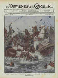 Ein Schwadron Montebello-Lanzenreiter stürzt in den Ticino bei Somma Lombardo wegen eines gebrochenen provisorischen Brücke