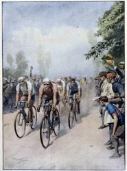 Die italienische Radrundfahrt mit Guerra und Binda - Zeichnung von A. Beltrame, in „La Domenica del Corriere“ vom 1. Februar