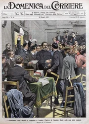 Die Ankunft von Maxim Gorki im Sitzungssaal des Kongresses in London nach der Revolution von 1905 in Russland. Titelblatt von La Domenica del Corriere vom 26.05.1907.