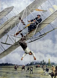 Die Dramen der Luft: Orville Wright und der amerikanische Leutnant Selfridge stürzen mit ihrem Flugzeug aus einer Höhe von dreißig Metern ab. Illustration von Beltrame. La Domenica del Corriere. 1908