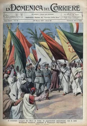 Der Duce Benito Mussolini auf einer Reise nach Libyen wird von der Menge begrüßt. Illustration von Achille Beltrame in 