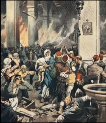 Die Massaker an den Armeniern in der Türkei 1909 in Adana, Illustration von Achilles Beltrame (1871-1945) in „La Domenica del Corriere“ von Mai 1909