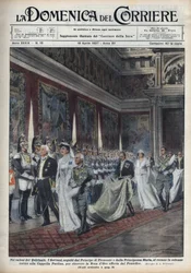Das Königspaar, Viktor Emanuel III. (1869-1947) und seine Frau Helene von Montenegro, gefolgt von Prinz Humbert II. und Maria Jose, gehen zur Paolina-Kapelle. Illustration von Achille Beltrame in 