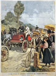 Tour durch Italien mit dem Auto, gesponsert von Corriere della Sera, Illustration von Achille Beltrame aus La Domenica del Corriere, 19. Mai