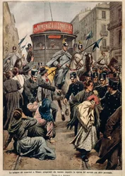 Straßenbahnstreik in Mailand, von Achille Beltrame, Illustration, Illustrator Achille Beltrame (1871-1945), aus La Domenica del Corriere