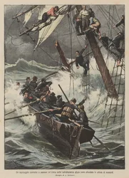 Eine Besatzung gezwungen, eine ganze Nacht auf dem Mast eines gesunkenen Schiffes auf Rettung zu warten