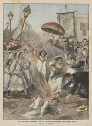 Eine unglückliche Prozession, Schleier von jungen Mädchen in der Prozession fangen Feuer