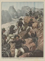 Kühner Marsch der Radfahrkompanie des 12. Bersaglieri über die Alpen, der Aufstieg zum Gletscher