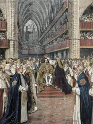 Krönung von Edward VII. in der Westminster Abbey. Illustration von Achille Beltrame, veröffentlicht in Domenica del Corriere. Gravur.
