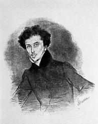Porträt des französischen Schriftstellers Alexandre Dumas Vater (1802 - 1870) um 1832. Lithographie von Deveria.