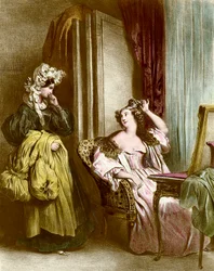Die Toilette: eine elegante junge Frau mit ihrer Zofe. Lithographie von Achilles Deveria (1800-1857) 19. Jahrhundert. Privatsammlung