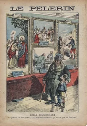 Karikatur Antisemit von Achille Lemot für „Le-Pelerin“ vom September 1896 - Handelsschule: wenn du ein Crant wirst, mein Bettgenosse Jacob, was wirst du teilen?