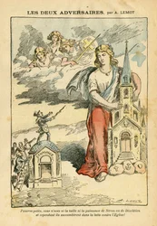 Illustration von Achille Lemot (1846-1909) in Le Pelerin, 09/09/06 - Die beiden Gegner - Antisemitismus, Religion Glaube, Dreifarbige Flagge, Kathedrale Kirchen, Synagoge, Katholizismus - Allegorie, Maßstabsänderung