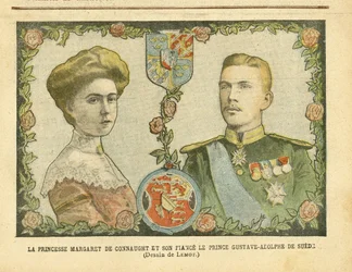 Illustration von Achille Lemot (1846-1909) in Le Pelerin, 21/05/05 - Prinzessin Margaret von Connaught und ihr Verlobter Prinz Gustave-Adolphe von Schweden - Monarchie, Medaille, Ausländischer Souverän, Schweden - Von Connaught Margaret (1882-1920), Gustav