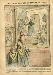 Illustration von Achille Lemot (1846-1909) in Le Pelerin, 31/03/07 - Dialog der Freimaurer - Kunst, Antifreimaurerei, Freimaurerei, Religion, Glaube, katholischer Katholizismus - Trennung von Kirche und Staat, Inventare/Reaktionen auf die Inventare