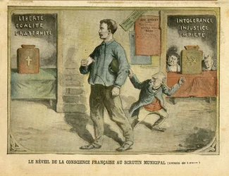 Illustration von Achille Lemot (1846-1909) in Le Pelerin, 01/05/04 - Das Erwachen des französischen Bewusstseins bei der Kommunalwahl - Wahlen, Religion Glaube, Block der Linken, Katholizismus Katholisch - Laizismus Laizität Laizistische Gesetze - Combes E
